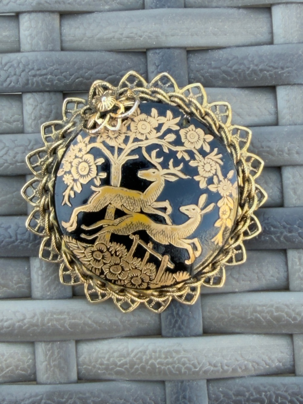 Vintage Damascene Gold-Tone Black Enamel Deer Filigree Brooch